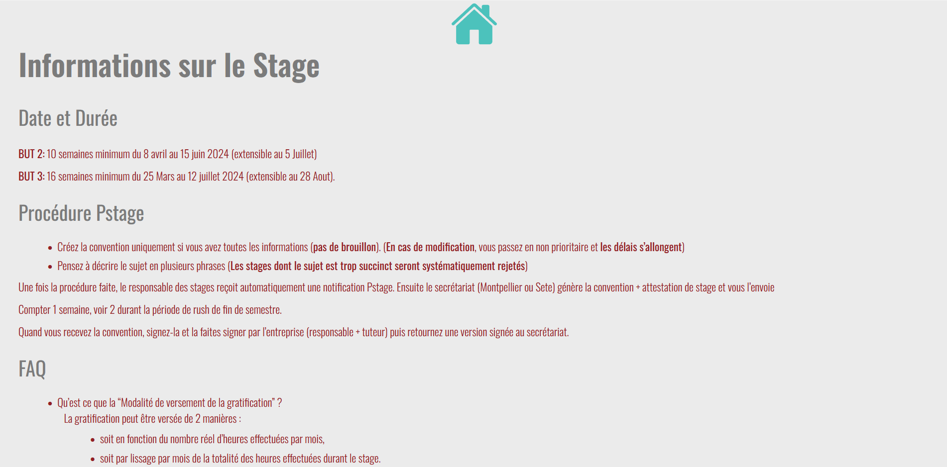 page d'informations sur les stages